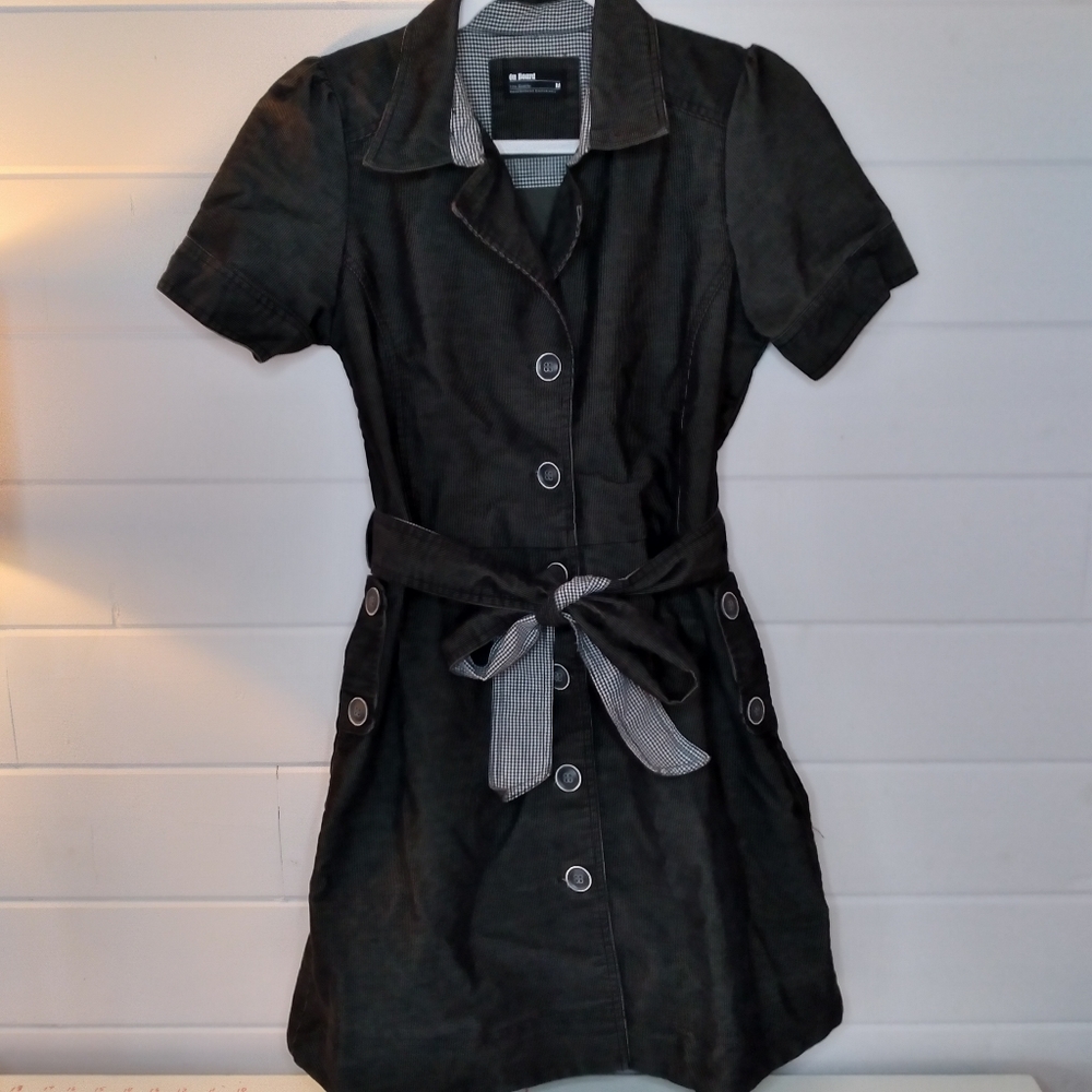Corduroy & Gingham Accented Belted Dress in Black/Brown Button Up V-Neck